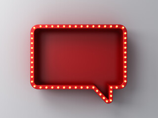 Fototapete - Retro red speech bubble notification pin box with yellow shining neon light bulbs isolated on dark white wall background with shadow creative idea concepts 3D rendering