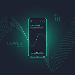 Creative smartphone layout. Green frame with neon glowing background - UI UX mockup. Suitable for technology concept, promotion, e-commerce, presentation, banner, flyer. Modern vector illustration.