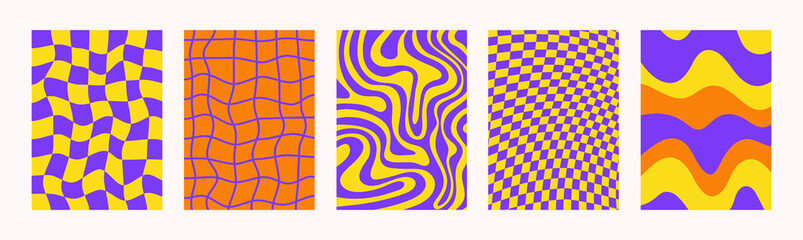 Wall Mural - Retro set wavy abstract vertical backgrounds in style hippie 60s, 70s. Trendy collection groovy distorted checkered and waves templates. Yellow, orange and purple colors. Vector illustration