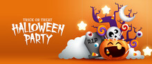 Halloween Party Vector Design. Halloween Typography Greeting Text In Grave Yard With Candies And Skull In Pumpkin Basket Element For Fun Night Celebration. Vector Illustration.
