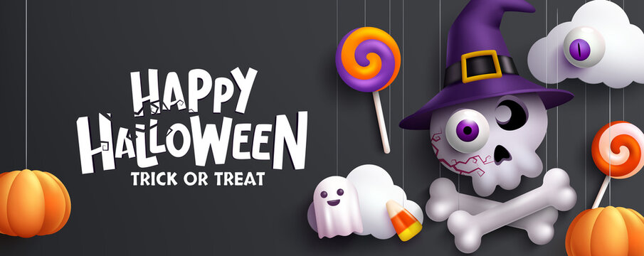 Halloween vector background design. Happy halloween greeting text with skeleton skull character, pumpkin and lollipop hanging elements for spooky night celebration. Vector illustration.
