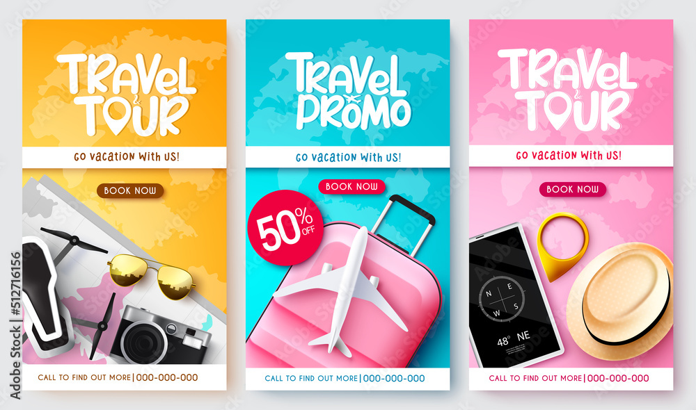 Travel promo vector poster set design. Travel tour text collection in ...