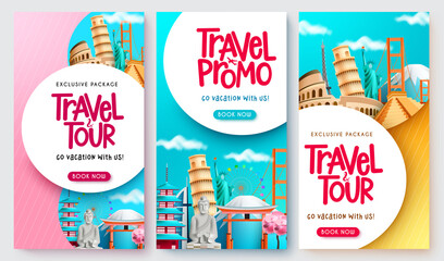 Wall Mural - travel package vector poster set. travel promo text collection in exclusive discount with worldwide 