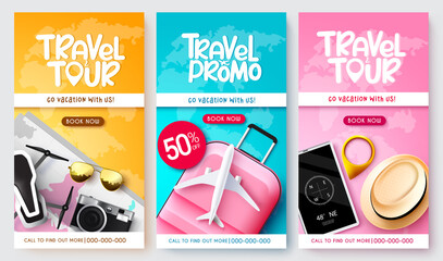 Sticker - Travel promo vector poster set design. Travel tour text collection in discount offer sale with tourist elements for vacation travelling advertisement. Vector illustration.
