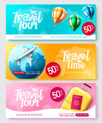 Wall Mural - travel promo vector poster set design. travel tour sale text collection in exclusive package discoun