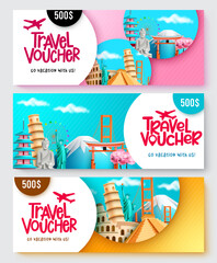 Wall Mural - Travel package vector banner set. Travel voucher text with price discount in tourist destination background for travelling promo coupon design. Vector illustration.
