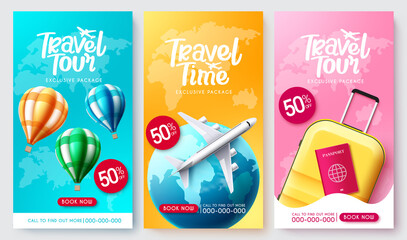 Wall Mural - Travel tour vector poster set. Travel package collection in exclusive discount with tourist elements for travelling sale offer design. Vector illustration.
