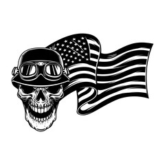 Poster - Racer skull on usa flag background. Biker skull. Design element for poster, card, banner, sign. Vector illustration