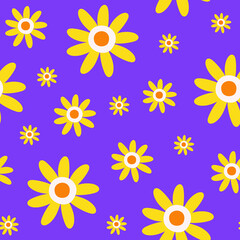 Poster - Retro seamless pattern of colorful hippie daisy flowers on a bright purple background. Vintage festive groovy botanical design. Trendy vector illustration in 70s and 80s style.
