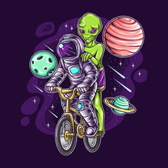 Wall Mural - astronauts and aliens cycling in space