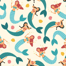 Seamless Pattern With Cute Mermaids In A Flat Style. Shells And Starfish. Mermaids Dynamically Swim Together. Vector Illustration Of Two Charming Mermaids With Braids And Red Long Hair. Graphic Print