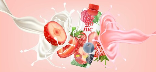 Fototapete - Mix berries yogurt Splashing of Tropical fruits on solid color background. Vector in 3D illustrations. Packaging mock up.