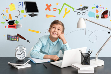 Sticker - Cute little boy doing homework at table against light background