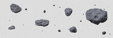 Stone Asteroid Belt Realistic Vector Illustration. Meteor, Space Boulder Or Rock With Craters Flying In Weightlessness Isolated Icon Set On Transparent Background, Various Form