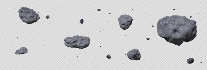 Wall Mural - Stone asteroid belt realistic vector illustration. Meteor, space boulder or rock with craters flying in weightlessness isolated icon set on transparent background, various form