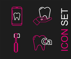 Sticker - Set line Calcium for tooth, Toothbrush, and Online dental care icon. Vector