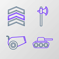 Canvas Print - Set line Military tank, Cannon, Medieval axe and rank icon. Vector