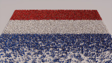 Aerial View Of A Crowd Of People, Gathering To Form The Flag Of Netherlands. Dutch Banner On White Background.