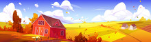 Countryside Landscape With Farm Barn, Agriculture Field And Houses In Fall. Vector Cartoon Illustration Of Autumn Scene, Farmland With Granary, Road, Fence And Orange Trees And Bushes