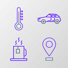 Wall Mural - Set line Location, Cup of tea with tea bag, Car and Meteorology thermometer icon. Vector