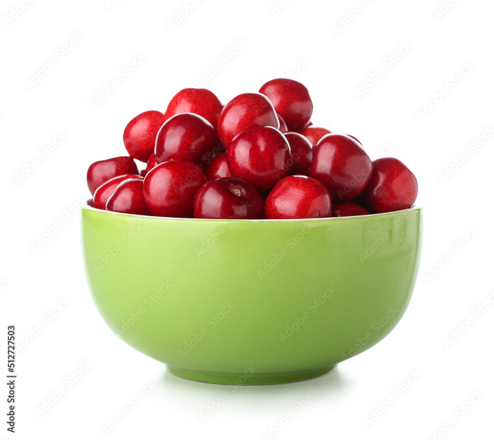 Bowl of sweet cherries isolated on white background