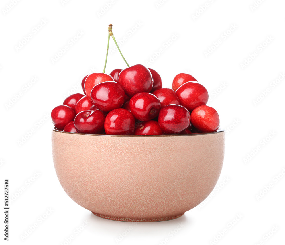 Bowl of sweet cherries isolated on white background
