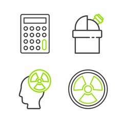 Wall Mural - Set line Radioactive, Head and radiation symbol, Astronomical observatory and Calculator icon. Vector