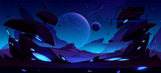 Poster - fantastic night landscape of alien planet with rocks, flying stones and glowing blue spots. vector c