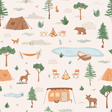 Outdoor Weekend, Camping, Traveling Concept, Vacation In Forest, Illustration With Tents, Van Camper. Vector Seamless Pattern For Tourism Design. Wildlife Animals Moose, Bear, Deer, Fox. Nature Scene.