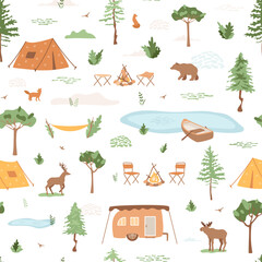 Camping, tourism concept, vacation in forest, outdoor weekend. Illustration with tents, van, lake with boat, campfire. Wildlife animals moose, bear, deer, fox. Nature scene. Vector seamless pattern.