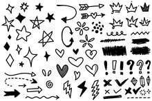 Vector Set Of Different Crowns, Hearts, Stars, Crystals, Sparkles, Arrows, Lightning, Diamonds, Signs And Symbols. Hand Drawn, Doodle Element Isolated On A White Background.
