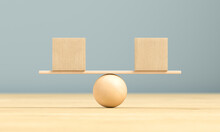 Wooden Scales And Two Cubes On A Wooden Surface. 3d Render Illustration.