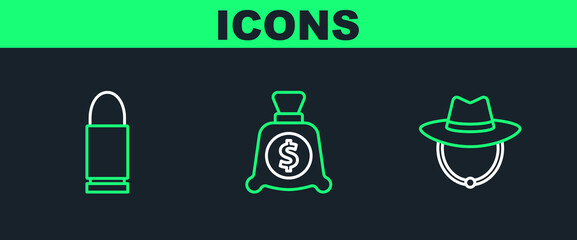 Sticker - Set line Western cowboy hat, Bullet and Money bag icon. Vector