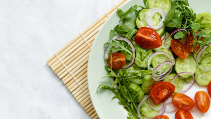 Vegetable salad with feta cheese . Greek salad top view. Banner for social networks