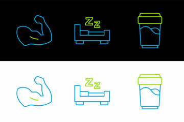 Sticker - Set line Glass with water, Bodybuilder muscle and Time to sleep icon. Vector