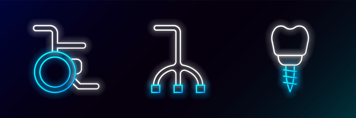 Poster - Set line Dental implant, Wheelchair and Walking stick cane icon. Glowing neon. Vector