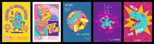 Trendy Retro Posters For Art Design Exhibition With Symbols Of Ufo, Dinosaur, Spaceman, Mushrooms And Girl With Long Hair. Vector Banners Set With Contemporary Comic Patches