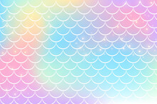 Holographic Rainbow Background With Mermaid Scales. A Pattern With A Tail On A Gradient. Marine Underwater Pattern. Vector
