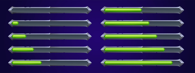 Poster - Game ui loading progress bars vector set, cartoon interface gui design elements. Status and resources scales of power with green toxic liquid in silver metal stripe, isolated 2d illustration