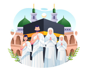 A Muslim family wears ihram clothes greeting and performing Hajj or Umrah Pilgrimage with Kaaba in Makkah Background. Vector illustration in flat style