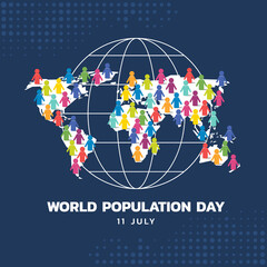 World Population Day - colorful group of people sign stand on world map and circle line globe sign on dark blue background vector design