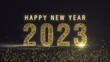 Happy New Year 2023 greeting card with particle gold text and numbers on a luxury dark background with bokeh. Premium shimmering holiday banner concept for eve, or party. Welcoming the new year