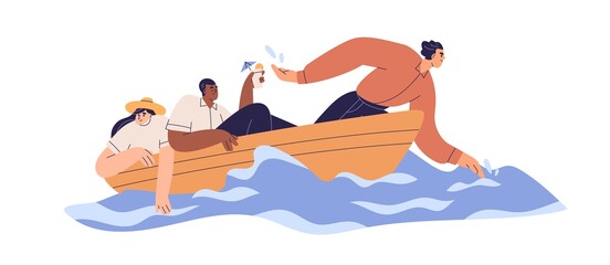 Aufkleber - Business people in boat. Unfair work distribution, exploitation concept. Bad inefficient team with man employee working hard and lazy colleagues. Flat vector illustration isolated on white background