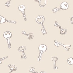 Fototapete - seamless engraved pattern with old and modern door keys. endless background with outlined repeating 