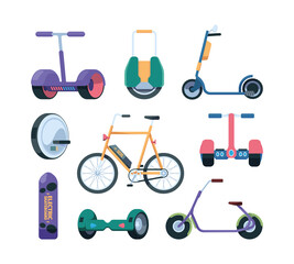 Poster - Electro transport. Urban segway hoverboard monowheel and gyro scooter garish vector pictures illustrations set