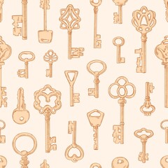 Poster - Seamless vintage pattern with old victorian door keys. Repeating antique print on endless background. Monochrome texture design for textile, wrapping. Hand-drawn vector illustration for decoration