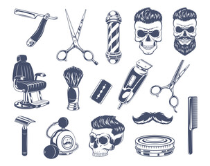 Wall Mural - Barber shop set. Logos and ads symbols comb brush blade scissors for beard hairstyle exact vector monochrome emblems