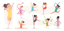 Acrobatic kids. Little school girls making sport exercises on gymnastic competition or performance exact vector illustrations set isolated