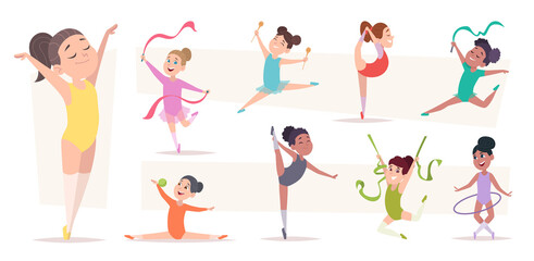 Sticker - Acrobatic kids. Little school girls making sport exercises on gymnastic competition or performance exact vector illustrations set isolated