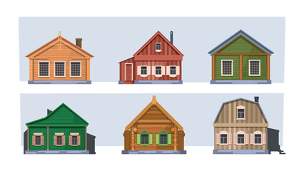 Sticker - Russian rural buildings. Row village houses russian village garish vector wooden constructions in flat style